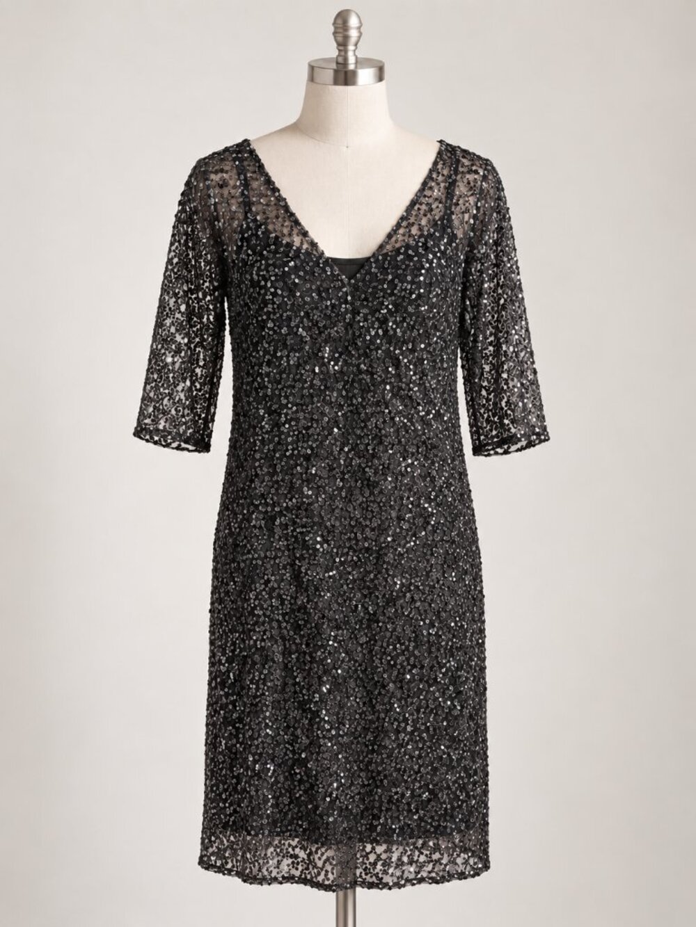 Kay Unger New York Women Size 10 Black Sequin Lace Overlay Dress Glam Y2K